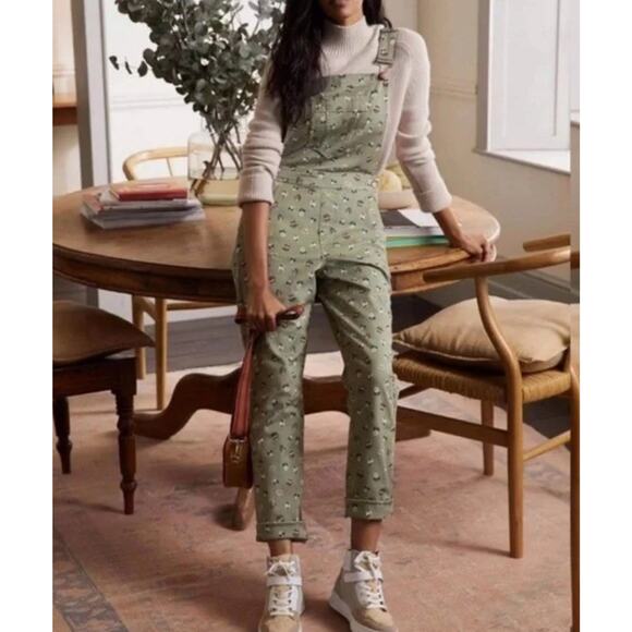 Boden Women's Dungarees Size 12 Dainty Floral Denim Girlfriend Overalls Green - Picture 1 of 10